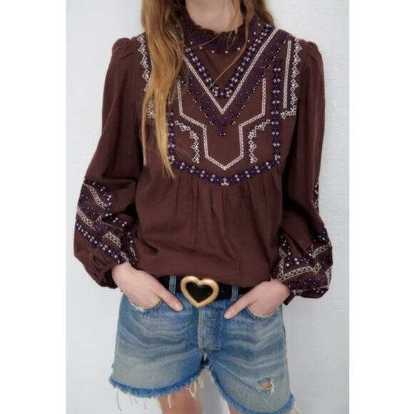 Zara Woman's Long Sleeve Beaded Embroidered Blouse Top Brown Size Small - Picture 2 of 14